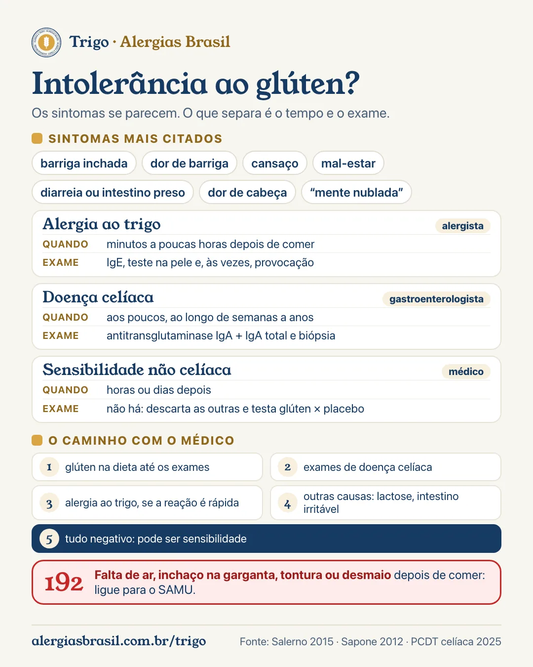 Infográfico intolerância ao glúten sintomas: os sintomas mais comuns da sensibilidade ao glúten não celíaca, a diferença de tempo e de sinais entre alergia ao trigo, doença celíaca e sensibilidade, e o caminho dos exames, sem tirar o glúten antes