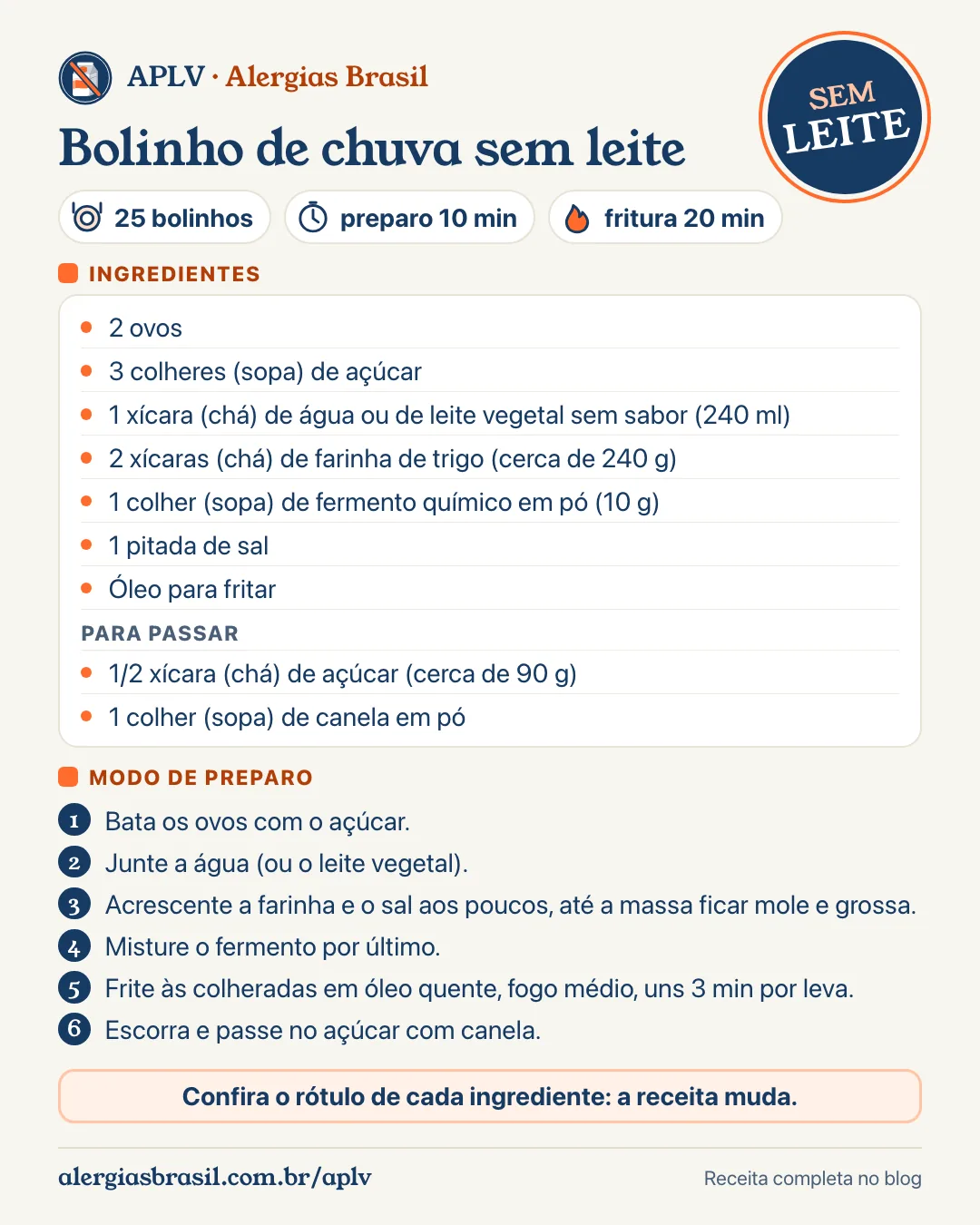 Receita de bolinho de chuva sem leite: ingredientes e modo de preparo em um cartão