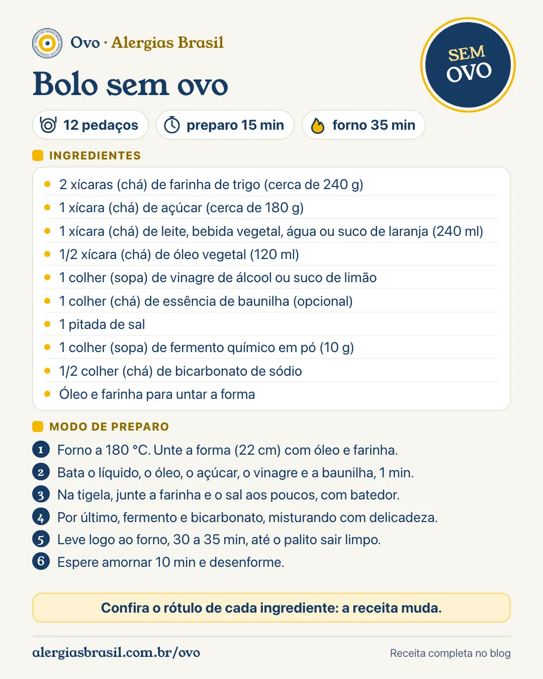 Receita de bolo sem ovo de liquidificador: ingredientes e modo de preparo em um cartão