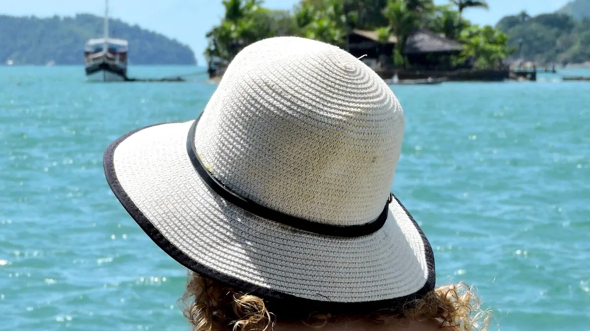 Mulher de chapéu de abas largas de costas, olhando o mar e uma ilha com coqueiros no Rio de Janeiro